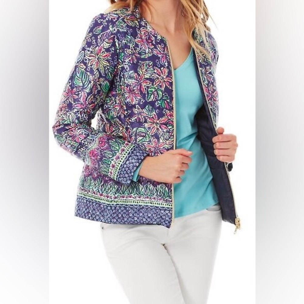 Lilly Pulitzer Multicolor Floral Puffer Jacket reversible coat medium new
